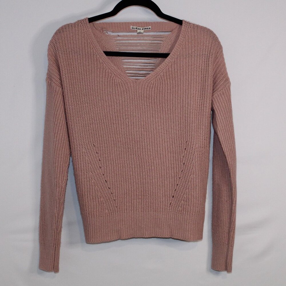 Moral Fiber blush pink ribbed texture v-neck long sleeve sweater w cutout back L
